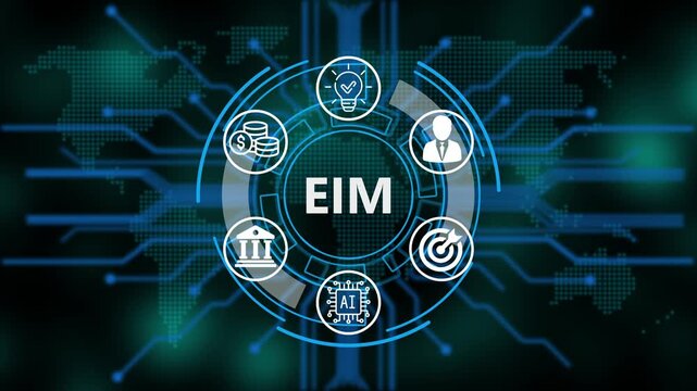  &ldquo;EIM, Artificial Intelligence, and Global Business Network Technology Concept&rdquo;. Digital circuit board on world background. Representing artificial intelligence, and future technology