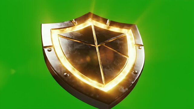 A detailed, metallic shield with a geometric design is prominently displayed against a vibrant green background, suggesting protection and security.