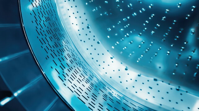 Stainless steel interior of a modern washing machine drum with water droplets clinging to the perforated surface, creating a fresh, clean, and industrial background