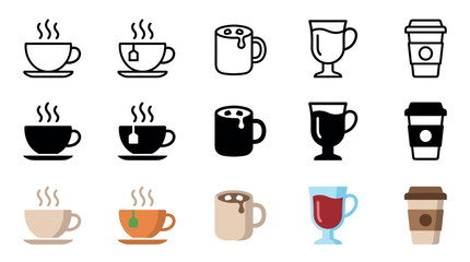 Fototapeta premium Hot beverage cups and mugs vector icon set featuring various styles of coffee, tea, and other warm drinks, perfect for cafes and digital designs.