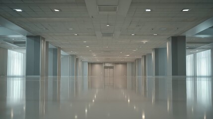 Naklejka premium Contemporary empty office interior featuring a sleek reflective floor and large windows with curtains, creating a clean environment for business expansion and future development