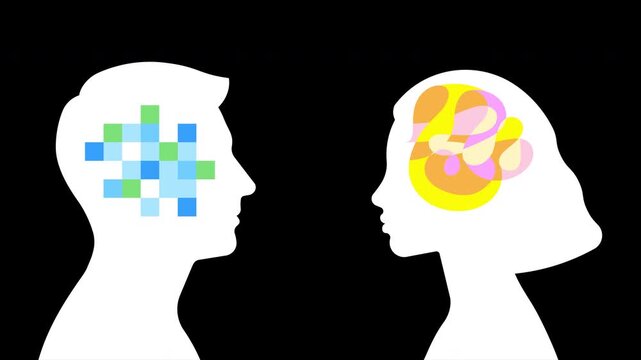 Male and Female faces opposite each other. Psychology and gender differences. Seamless Loop Video. Transparent background on Alpha Channel ProRes 4444