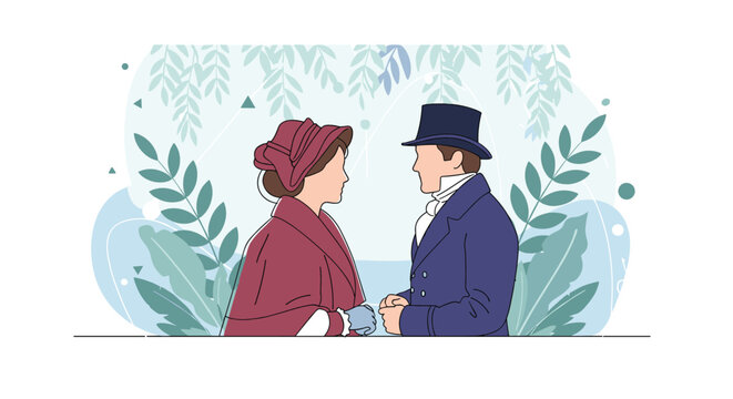 Elegant Victorian era man and woman in traditional period attire standing together amidst soft garden foliage background.