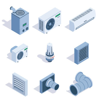 Isometric HVAC System Components: Air Conditioner, Boiler, Vent, Ductwork