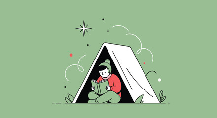 Fototapeta premium Cozy nighttime scene of a person sitting inside a tent and reading a book by starlight in a calm and peaceful green landscape.