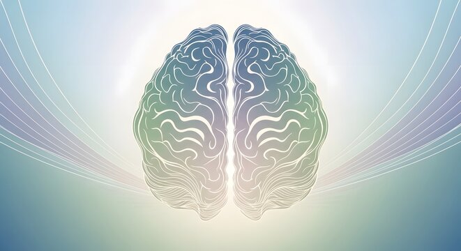 Symmetrical brain outline illustration on ethereal soft light wave background.