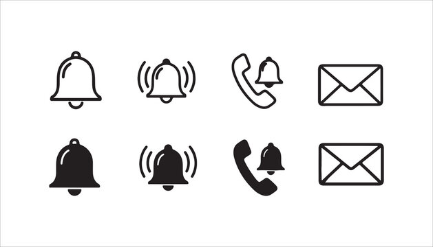 Collection of notification and contact icons including bells, phone with bell, and mail envelopes