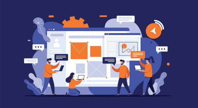 Creative team of professionals collaborating on a digital web design project with laptop and interface elements on a dark blue background.