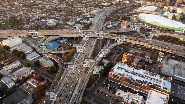 Aerial View Of Highway Interchange With Heavy Traffic Representing Transportation Infrastructure Urban Mobility And Complex Road Network In Modern City. Driverless Vehicles MPH and Fake ID Information