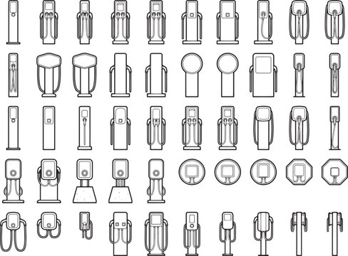 A grid of various gas pump design, a collection of unique design. Capturing the versatility of pump design, ready for fuel and service stations.