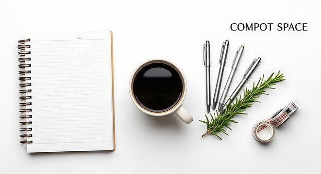 Flat lay composition of a spiral notebook, a ceramic cup of black coffee, silver pens, a green rosemary sprig, and patterned washi tape