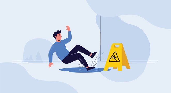 Man losing his balance and slipping on a puddle of water near a yellow caution wet floor sign in a clean indoor setting.