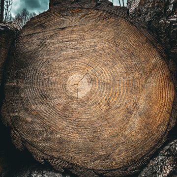 moody photo of the cut end of a pine tree log in woodpile