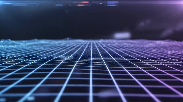 A futuristic abstract image showcases a glowing grid pattern extending into the distance, illuminated by vibrant blue and purple light, suggesting advanced technology and digital networks.