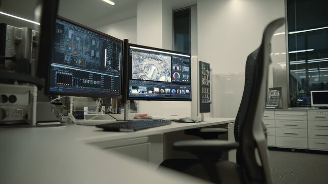 Empty modern office workspace featuring dual computer monitors displaying creative video editing software and data interfaces, ready for content creation and digital production