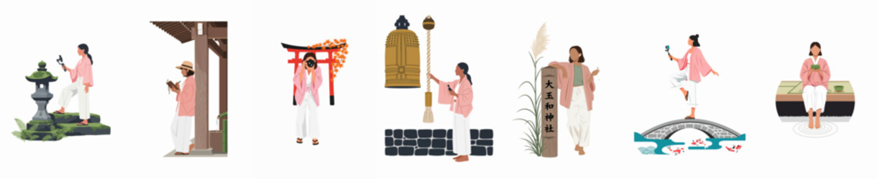 Flat vector illustrations of a female traveler exploring traditional Japanese culture, landmarks, and serene landscapes, perfect for travel and tourism themes.