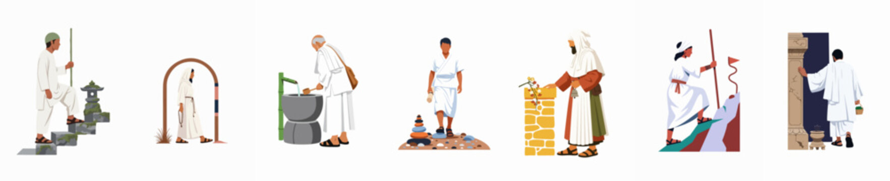 Diverse collection of pilgrims in white robes performing spiritual rituals, climbing mountains, and visiting sacred sites on a journey of faith.