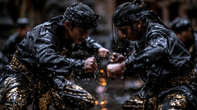 Indonesian Silat Martial Artists Performing Traditional Combat in Rain