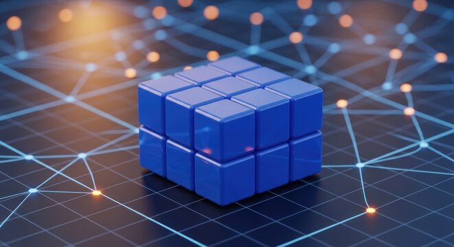 A blue cube connects to a digital network