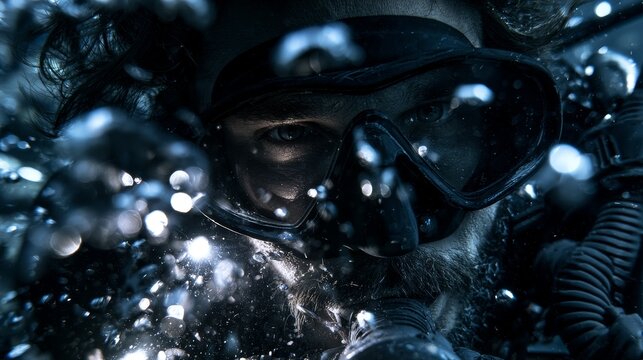 Close up of a scuba diver underwater with air bubbles