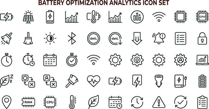 Battery optimization analytics line icon set for energy monitoring dashboard ui charging performance and power management interface design