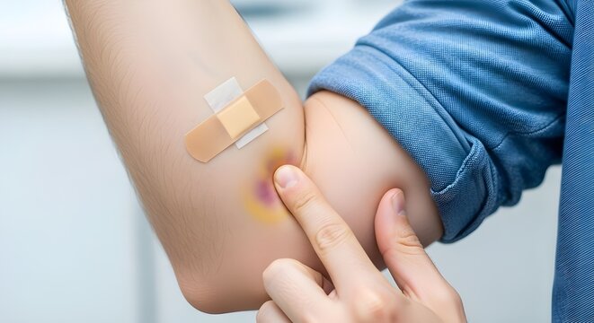 Person touching a painful bruise on their arm with an adhesive bandage applied to skin