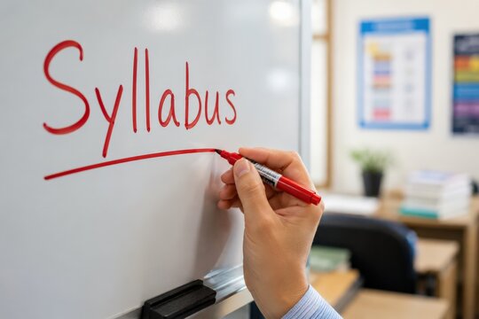 Hand writing syllabus on whiteboard with red marker in classroom.