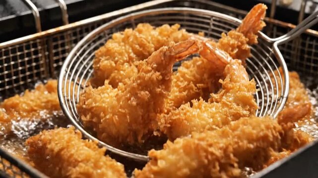 Golden Breaded Shrimp Deep Frying In Hot Bubbling Oil And Lifted With Metal Strainer In Professional Kitchen Fryer