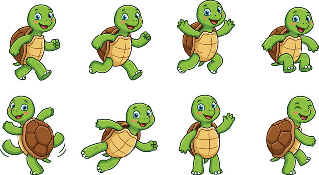 Cute Turtle Vector Set with Turtles Walking, Running, Jumping, Waving, and Smiling for Children&rsquo;s Illustrations, Playful Designs, Education, and Fun Animal Graphics.
