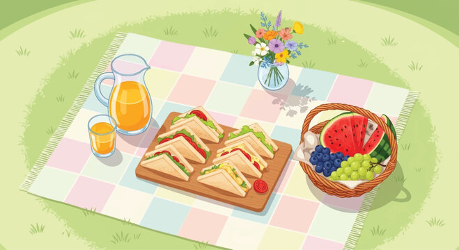 Colorful picnic setup, outdoor food spread, sandwich platter, fruit basket