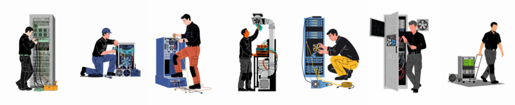 Collection of diverse IT technicians and engineers performing maintenance, repairs, and installations on server racks and computer hardware systems.