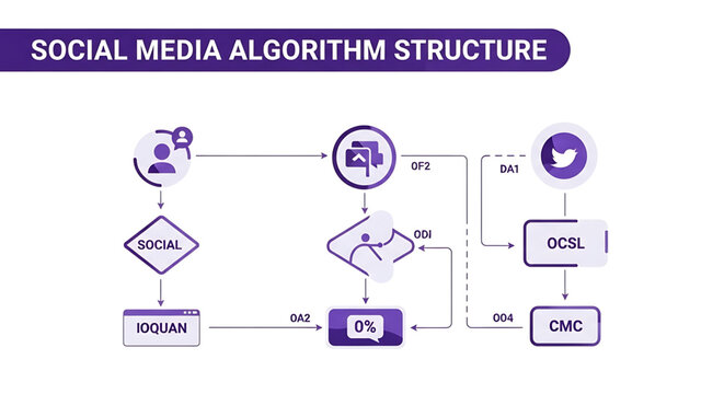 Social media algorithm structure infographic with flow chart and icons