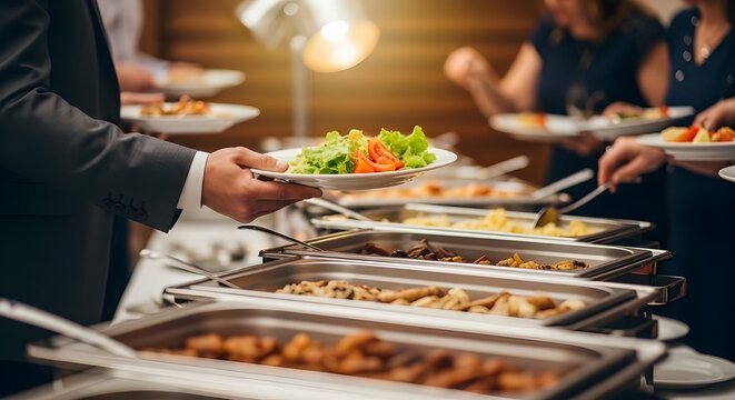 A man in a formal suit holding a white plate of fresh salad at banquet