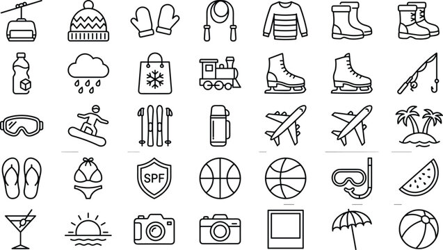Winter and Summer Vacation Activities Icon Set cad drawing flat vector illustration