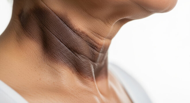 Acanthosis nigricans neck skin hyperpigmentation closeup dermatology concept showing darkened velvety fold texture adult woman