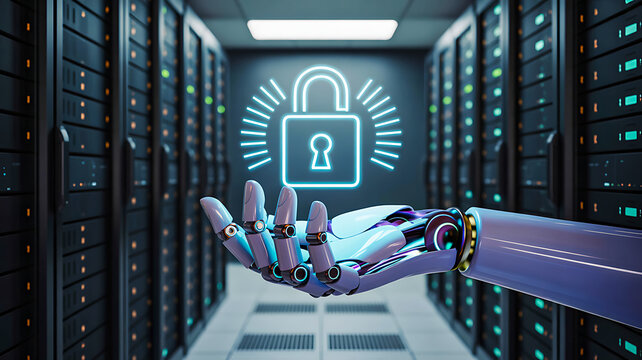 Artificial intelligence robotic hand with cybersecurity lock icon in data center