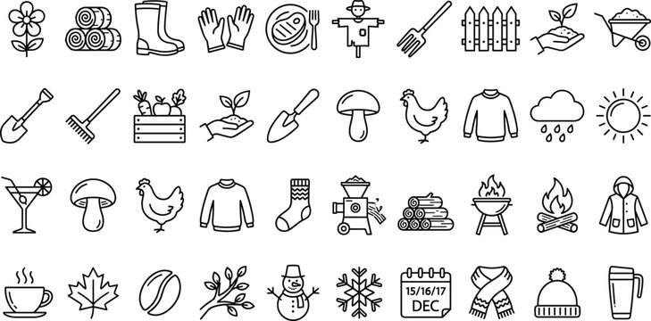 Agriculture Gardening and Seasonal Lifestyle Icon Set cad drawing flat vector illustration