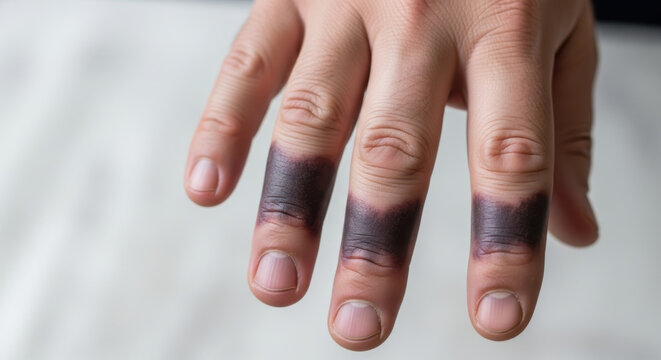 Acanthosis nigricans finger skin hyperpigmentation hand dermatology symptom closeup medical concept in clinic lighting