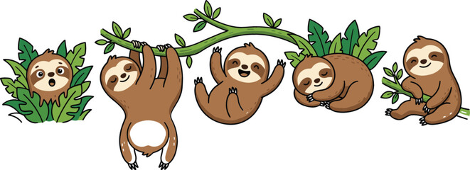 Fototapeta premium Cute Sloth Characters Hanging on Tree Branches with Tropical Leaves in Cartoon Style Wildlife Vector Illustration Set