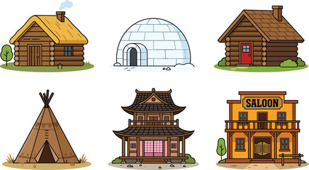 Building and Dwelling Vector Set with Log Cabins, Igloo, Teepee, Pagoda, and Western-Style Saloon for Architecture, Culture, Education, and Cartoon Illustration Designs. © Miss