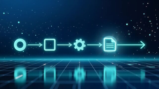 Digital visualization of AI Automation Workflow process on dark background illustrating data flow for enhanced productivity and system efficiency