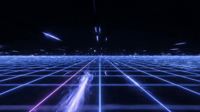 A mesmerizing digital artwork depicts a vibrant grid of neon lines stretching into the infinite darkness, evoking a sense of futuristic travel and technological wonder.