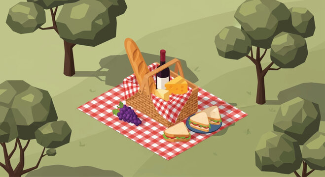 Vector picnic scene, outdoor basket, red checkered blanket, food, green landscape