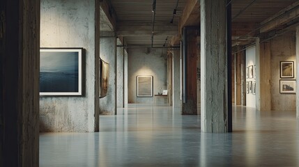 Naklejka premium Industrial art gallery space showcasing framed artworks and contemporary sculptures on concrete walls and polished floors, illuminated by modern track lighting