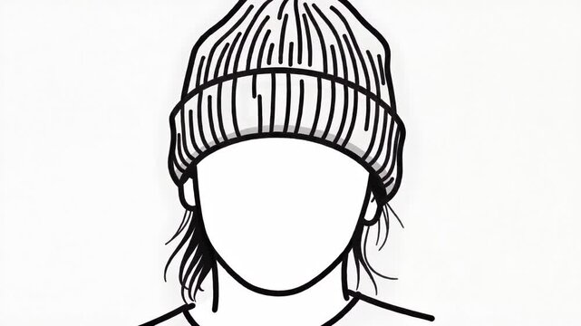 Minimalist Line Art Illustration of a Person Wearing a Knit Beanie Head Covering Concept Design
