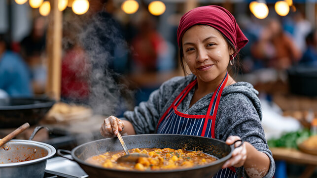 A Colombian street food vendor with vitiligo across her hands and cheeks ladling ajiaco soup at a crowded outdoor food festival, steam rising in afternoon light, ideal for body positivity, cultural 