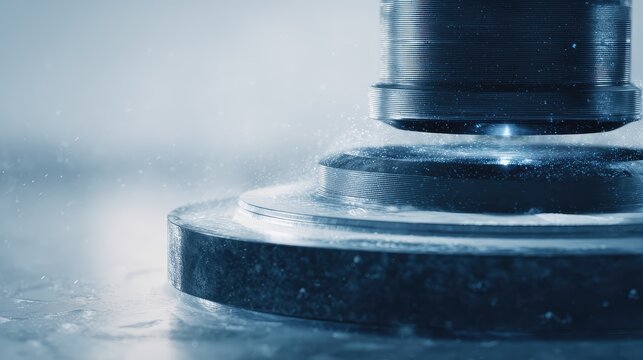 Hydraulic press exerting massive force on a steel workpiece, close up of industrial metal forming in a modern manufacturing plant showing precision, power and automated production process