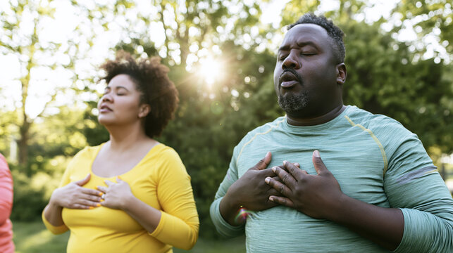 Two people practicing mindful breathing exercises in park, eyes closed, hands on chest feeling calm
