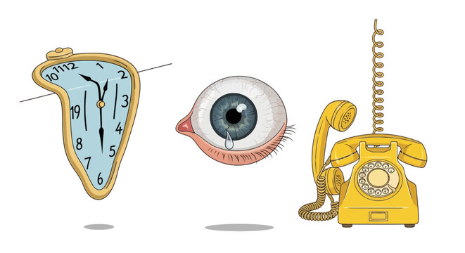 Surreal melting clock eye phone symbols.