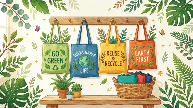 Eco friendly reusable tote bags, sustainable shopping bags, green living, eco conscious accessories